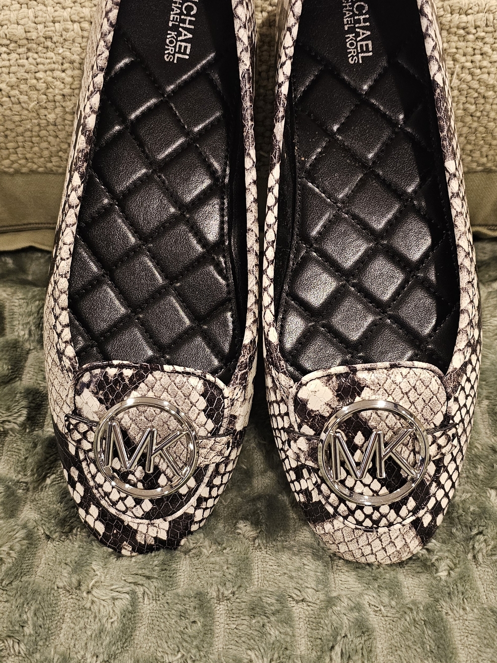 Michael Kors Women's Snake-Print MK Logo Ballet Flats in Black/Beige